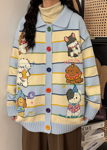 Blue Button Striped Cozy Knit Coats Peter Pan Collar