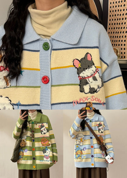 Blue Button Striped Cozy Knit Coats Peter Pan Collar