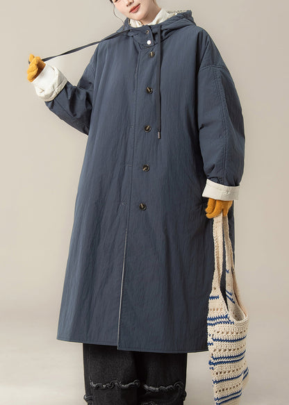 Blue Button Warm Hooded Maxi Parkas Winter