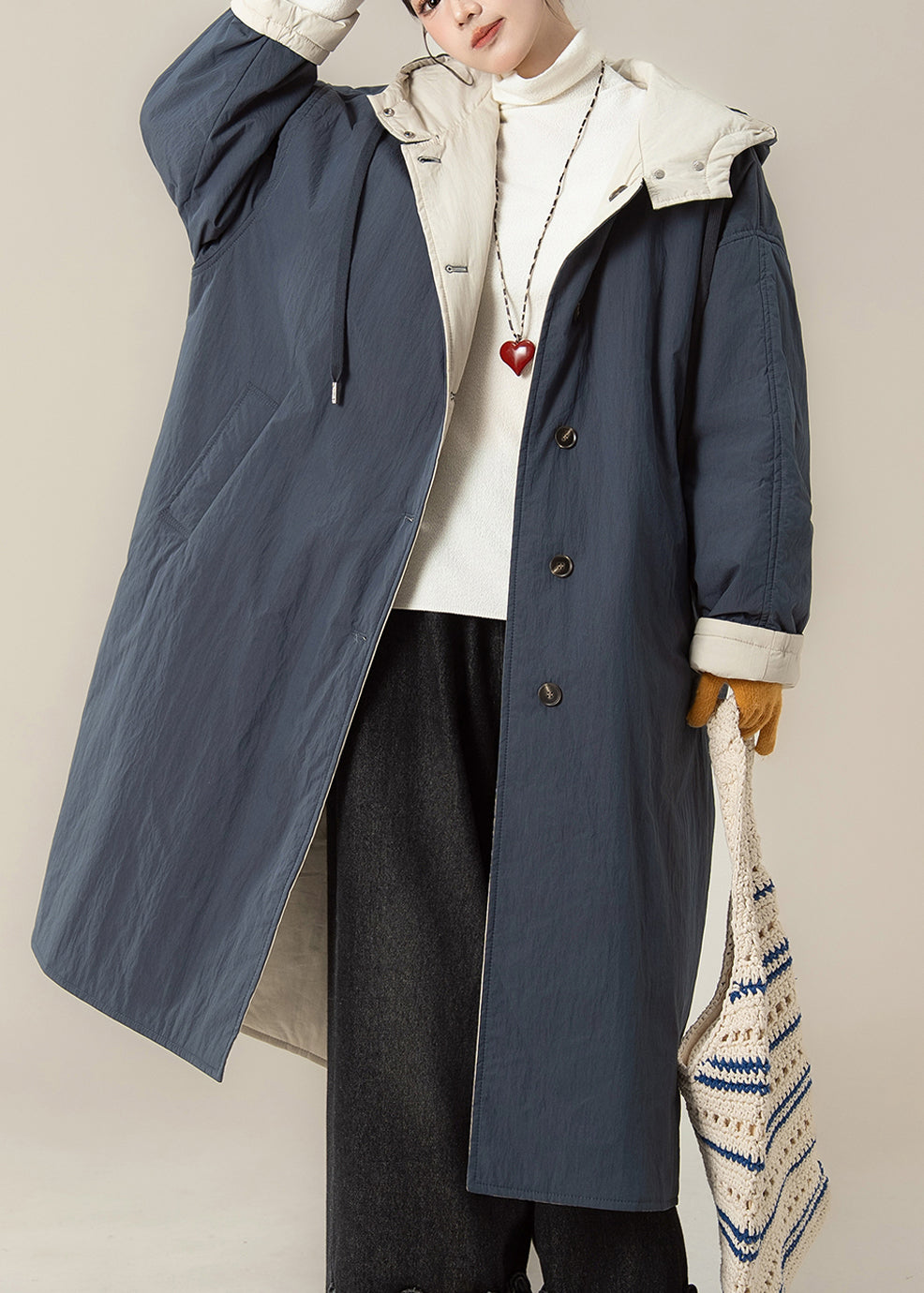 Blue Button Warm Hooded Maxi Parkas Winter