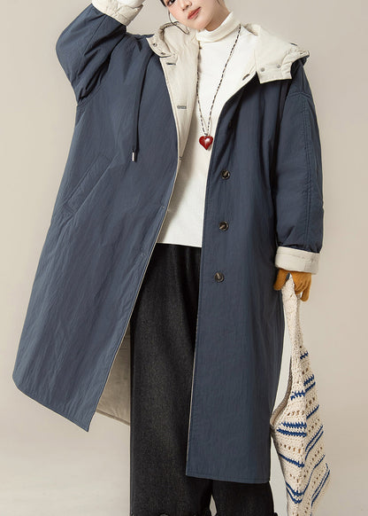 Blue Button Warm Hooded Maxi Parkas Winter