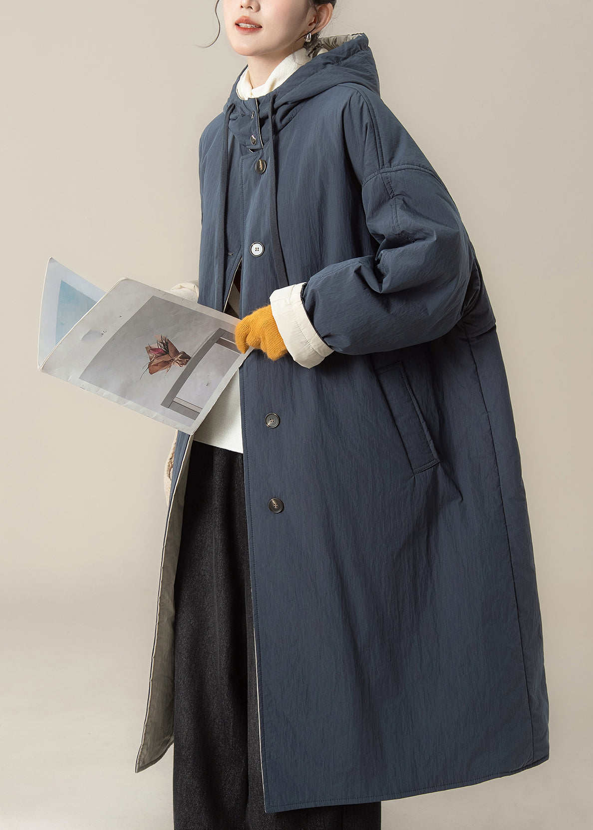 Blue Button Warm Hooded Maxi Parkas Winter