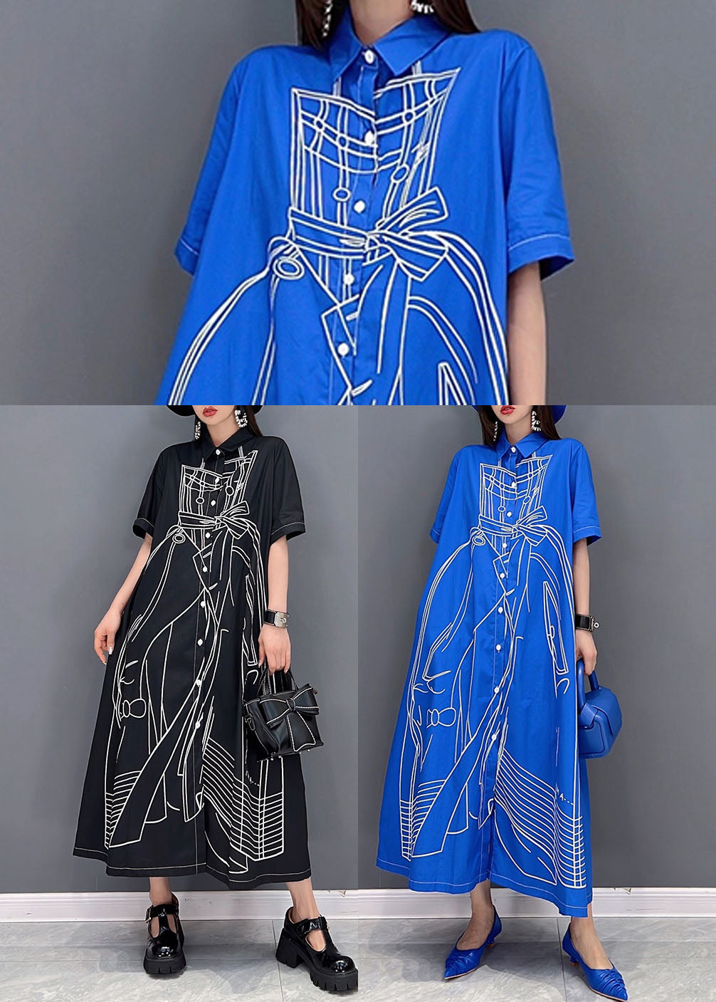 Blue Character Print Cotton Linen A Line Dress Oversized Short Sleeve