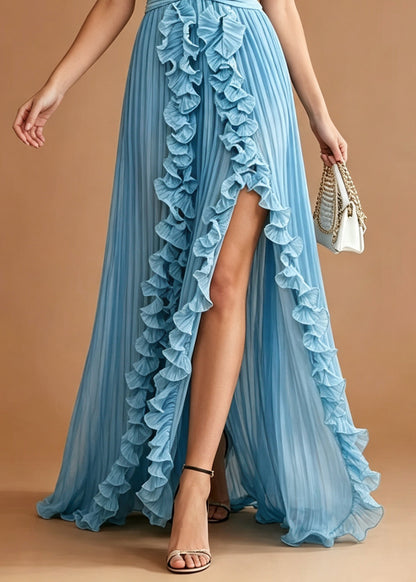 Blue Chiffon Holiday Dress Ruffled Side Open Summer