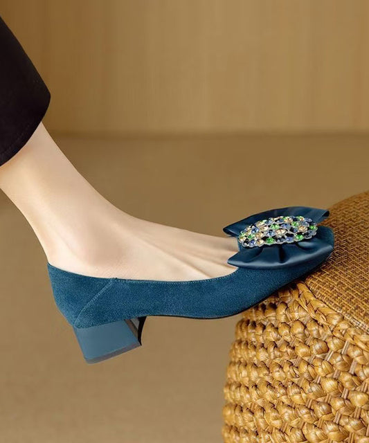 Blue Chunky Heel Shoes Suede Fashion Splicing Bow Zircon
