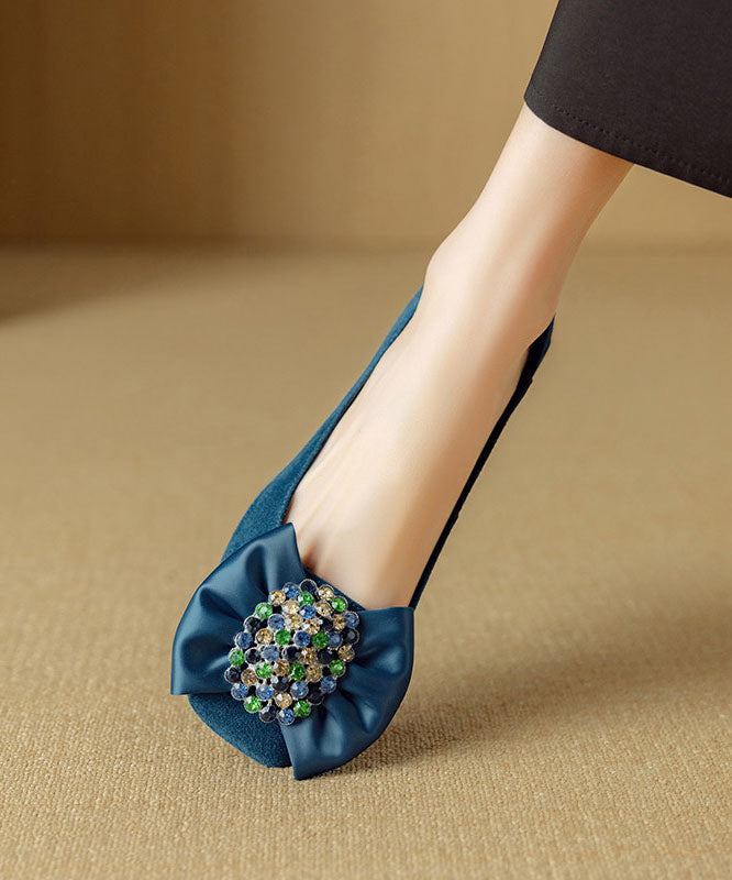 Blue Chunky Heel Shoes Suede Fashion Splicing Bow Zircon