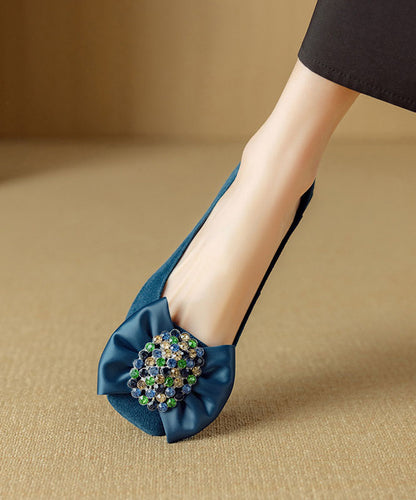 Blue Chunky Heel Shoes Suede Fashion Splicing Bow Zircon