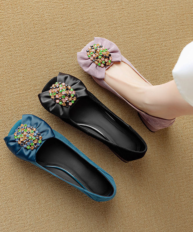 Blue Chunky Heel Shoes Suede Fashion Splicing Bow Zircon