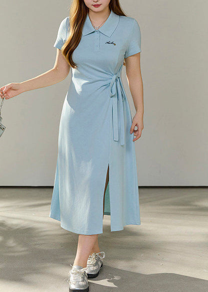 Blue Cotton Shirt Dress Tie Waist Side Open Summer