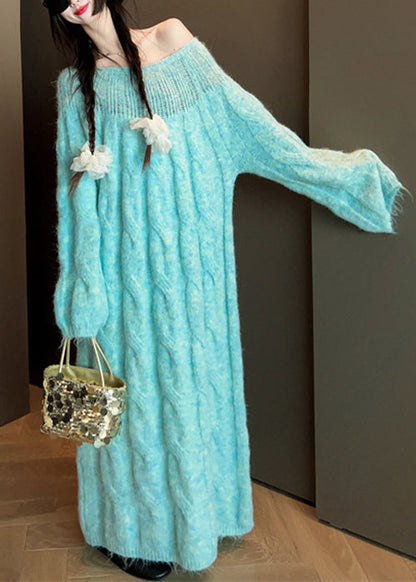 Blue Cozy Cable Knit Sweater Dress Hollow Out