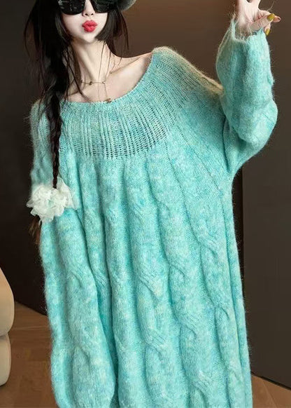 Blue Cozy Cable Knit Sweater Dress Hollow Out