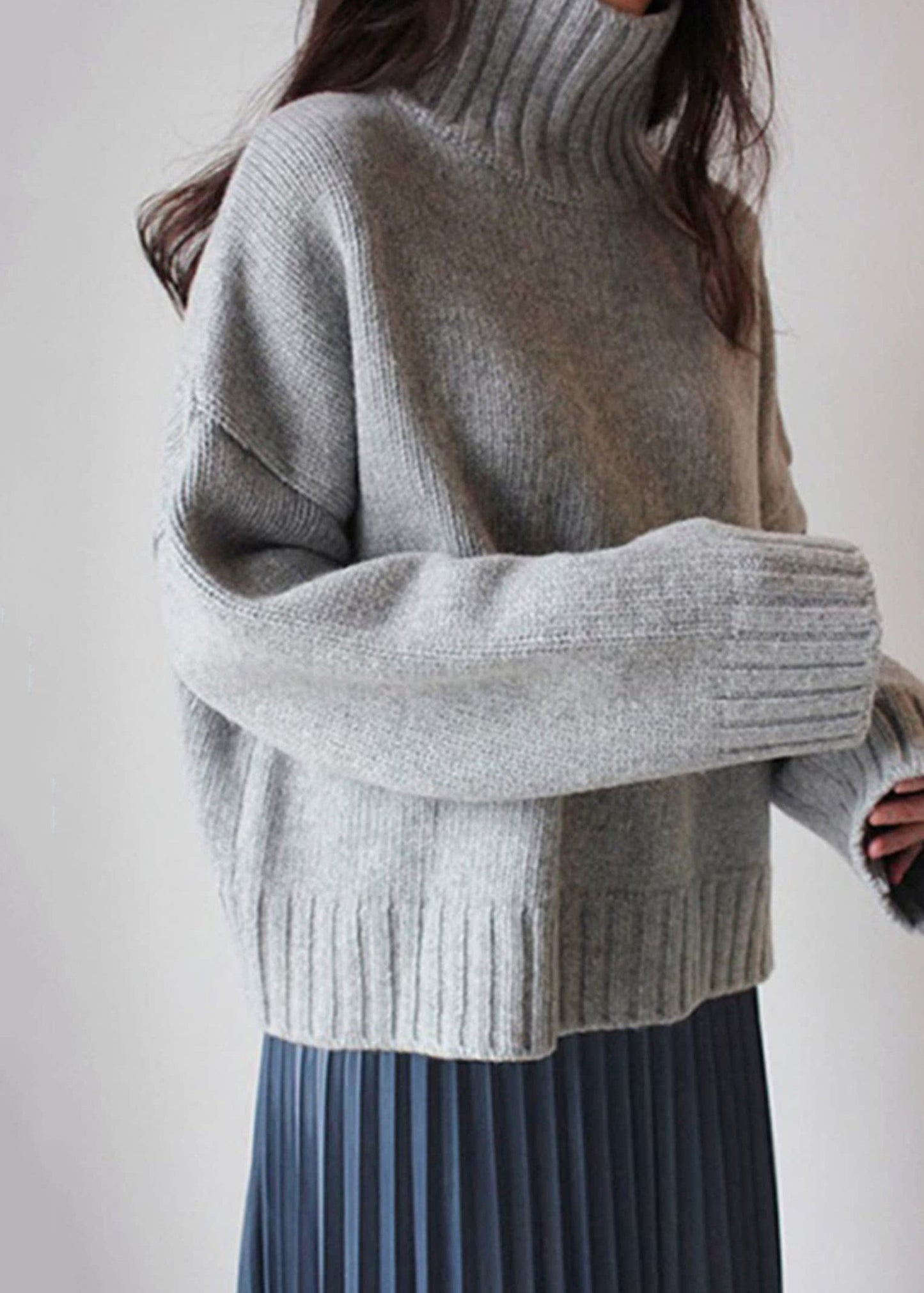 Blue Cozy Thick Knitted Cotton Sweater Turtleneck
