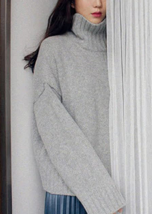 Blue Cozy Thick Knitted Cotton Sweater Turtleneck