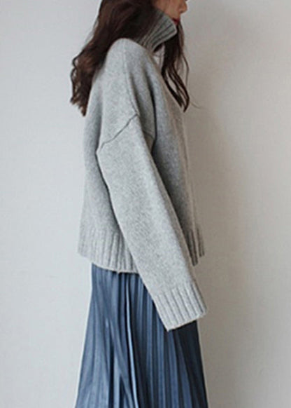 Blue Cozy Thick Knitted Cotton Sweater Turtleneck