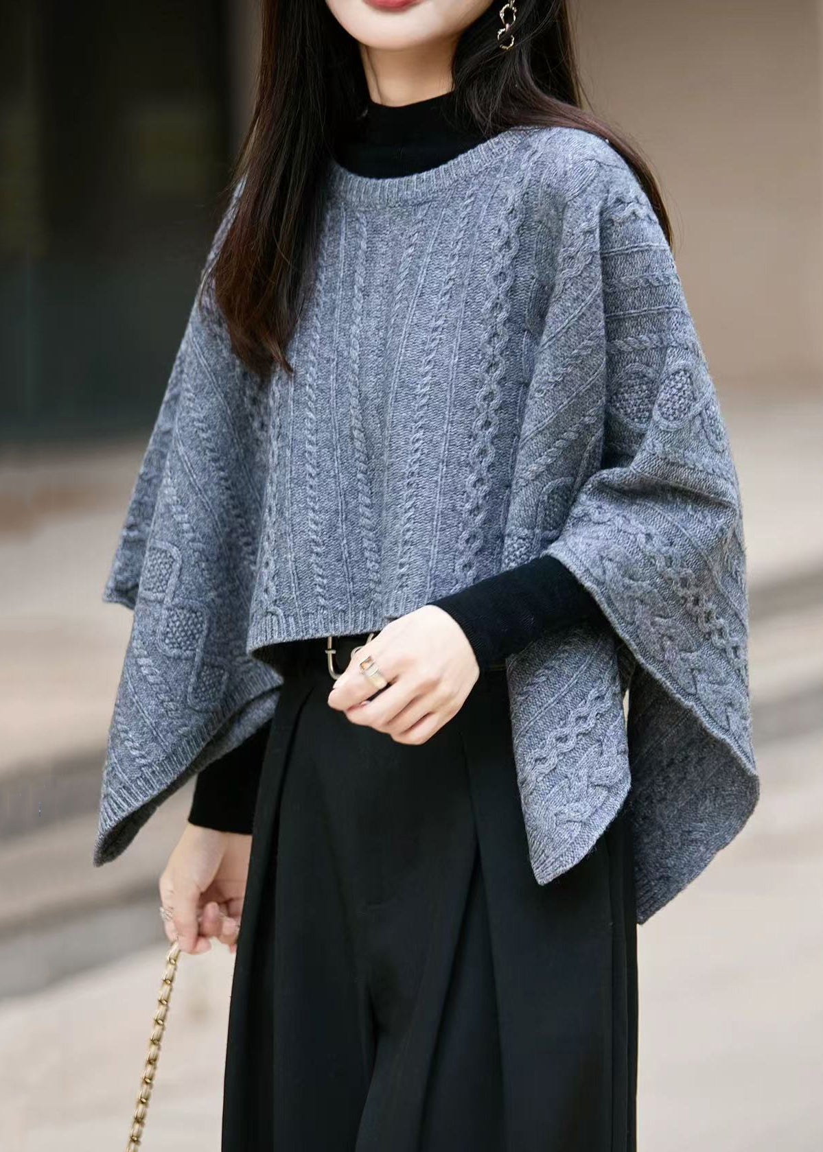 Blue Cozy Thick Woolen Sweater O Neck Batwing Sleeve