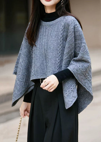 Blue Cozy Thick Woolen Sweater O Neck Batwing Sleeve