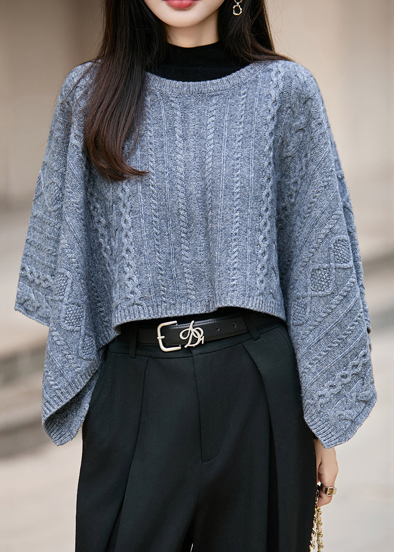 Blue Cozy Thick Woolen Sweater O Neck Batwing Sleeve