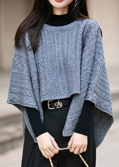 Blue Cozy Thick Woolen Sweater O Neck Batwing Sleeve