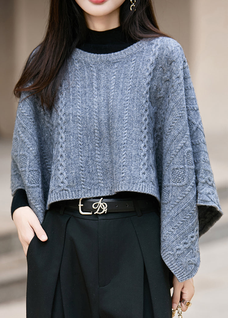 Blue Cozy Thick Woolen Sweater O Neck Batwing Sleeve