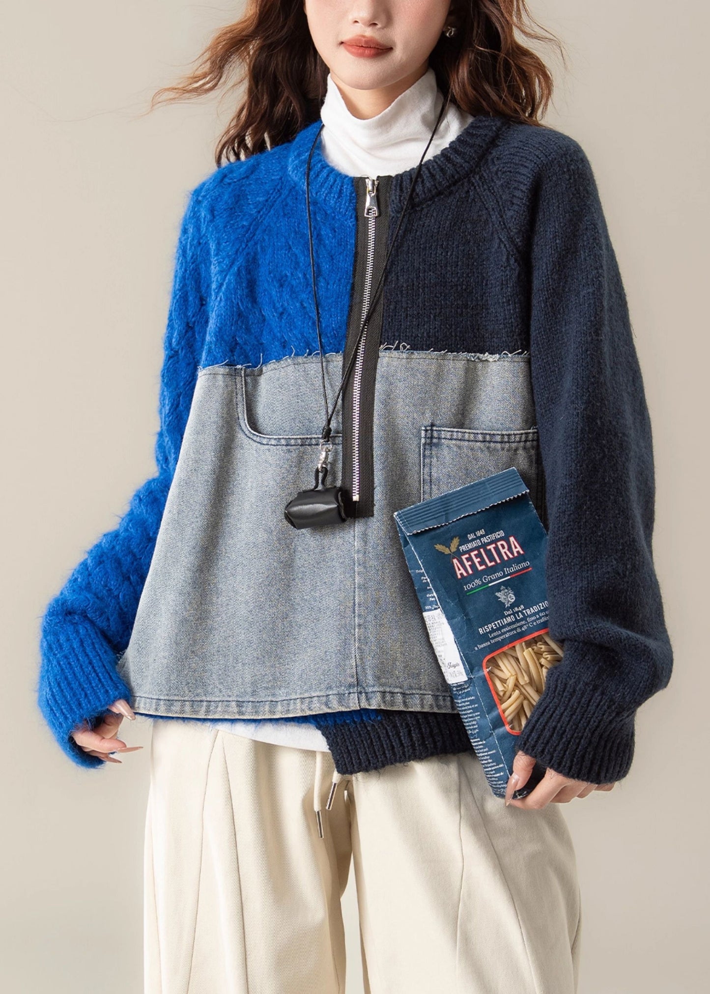 Blue Denim Patchwork Cable Knit Sweater Tops Asymmetrical