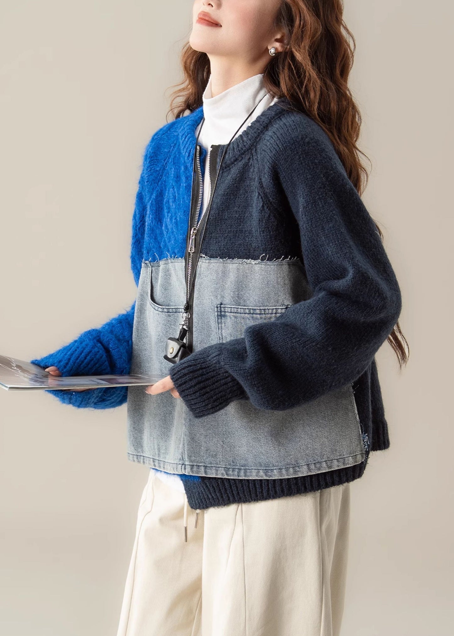 Blue Denim Patchwork Cable Knit Sweater Tops Asymmetrical