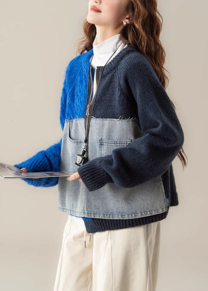 Blue Denim Patchwork Cable Knit Sweater Tops Asymmetrical