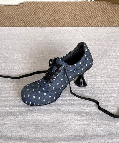 Blue Dot Cotton Fabric Boutique Splicing High Heels Lace Up
