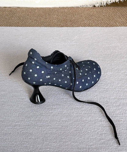 Blue Dot Cotton Fabric Boutique Splicing High Heels Lace Up