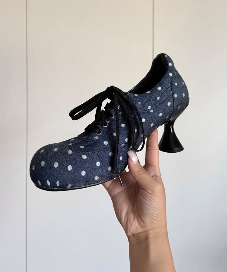 Blue Dot Cotton Fabric Boutique Splicing High Heels Lace Up