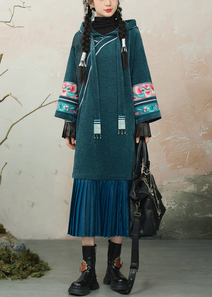 Blue Embroidered Wrinkled Patchwork Chenille Long Dress Hooded