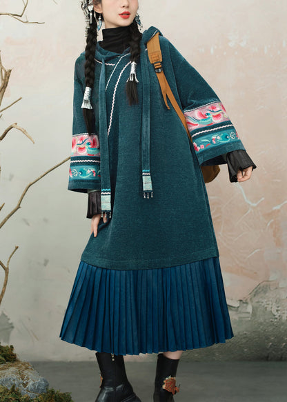 Blue Embroidered Wrinkled Patchwork Chenille Long Dress Hooded