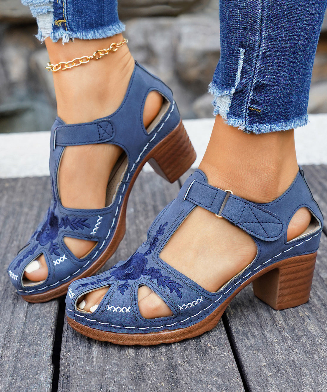 Blue Faux Leather Splicing Boho Chunky Heel Sandals Embossed
