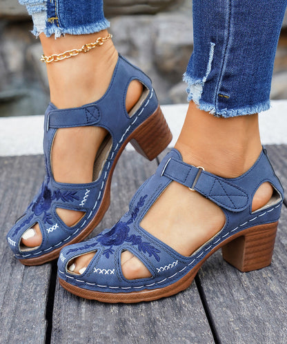 Blue Faux Leather Splicing Boho Chunky Heel Sandals Embossed