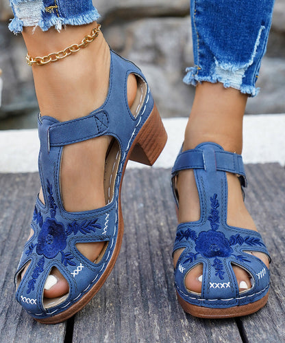 Blue Faux Leather Splicing Boho Chunky Heel Sandals Embossed