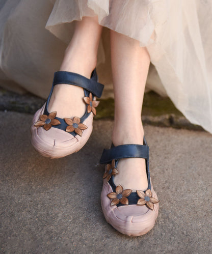 Blue Flat Feet Shoes Cowhide Leather Beautiful Flower Buckle Strap Flat Shoes