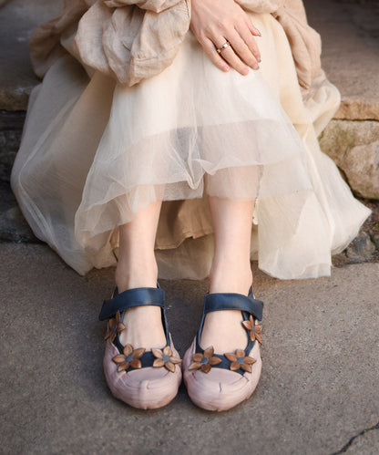 Blue Flat Feet Shoes Cowhide Leather Beautiful Flower Buckle Strap Flat Shoes