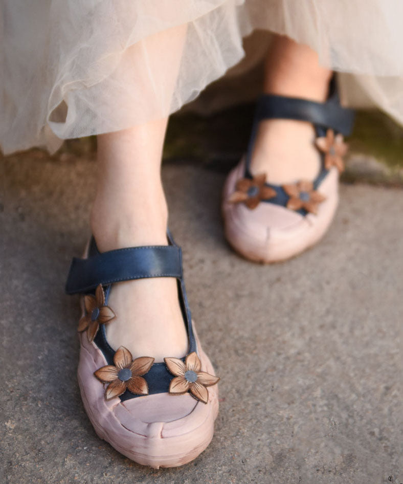 Blue Flat Feet Shoes Cowhide Leather Beautiful Flower Buckle Strap Flat Shoes