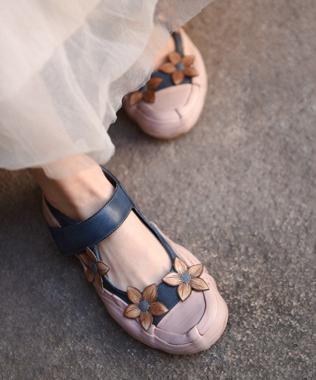 Blue Flat Feet Shoes Cowhide Leather Beautiful Flower Buckle Strap Flat Shoes