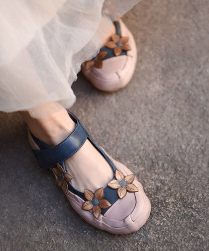 Blue Flat Feet Shoes Cowhide Leather Beautiful Flower Buckle Strap Flat Shoes