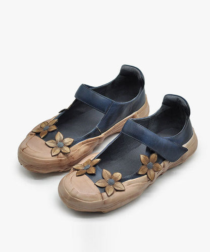 Blue Flat Feet Shoes Cowhide Leather Beautiful Flower Buckle Strap Flat Shoes