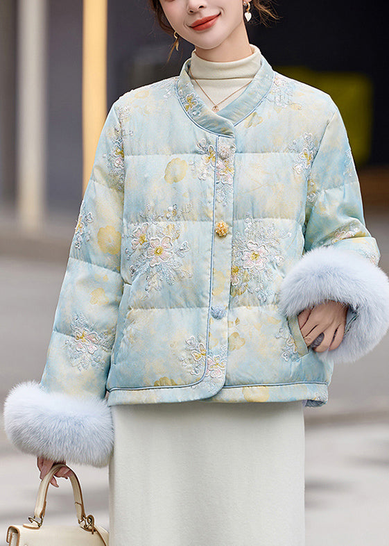 Blue Fur Patchwork Duck Down Down Jacket Embroidered Winter