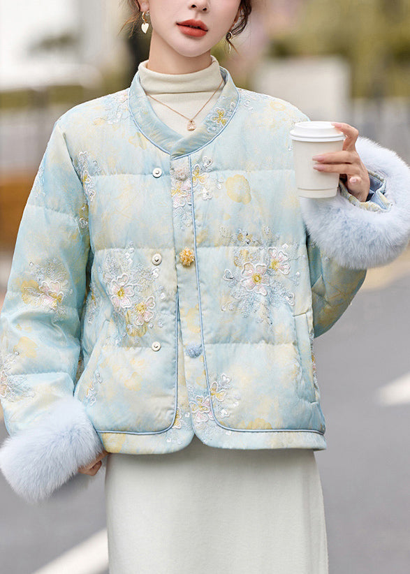 Blue Fur Patchwork Duck Down Down Jacket Embroidered Winter
