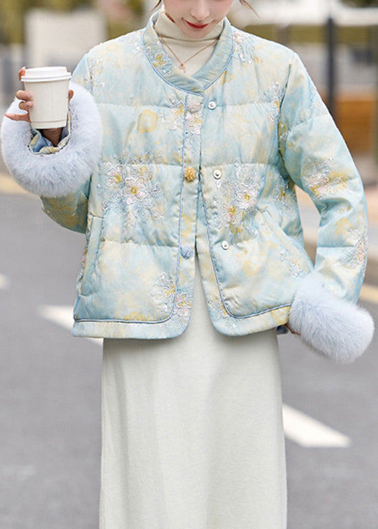 Blue Fur Patchwork Duck Down Down Jacket Embroidered Winter
