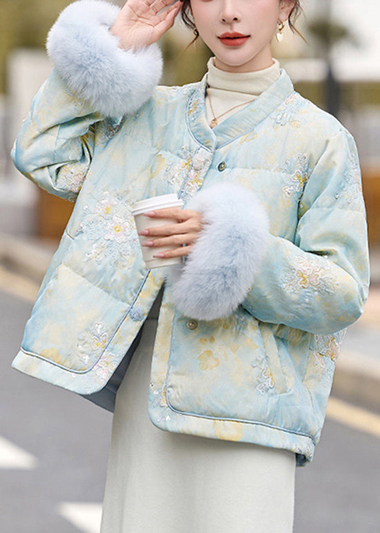 Blue Fur Patchwork Duck Down Down Jacket Embroidered Winter