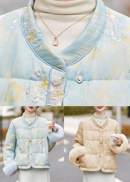 Blue Fur Patchwork Duck Down Down Jacket Embroidered Winter