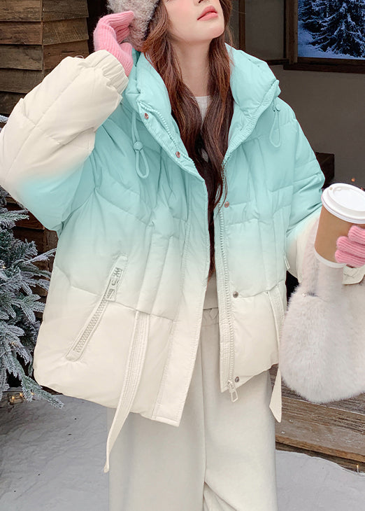 Blue Gradient Color Pockets Drawstring Duck Down Puffer Coat Hooded