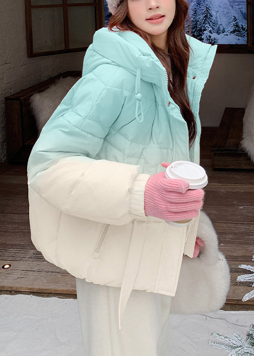 Blue Gradient Color Pockets Drawstring Duck Down Puffer Coat Hooded