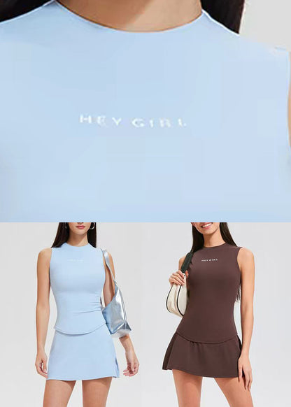Blue Graphic Patchwork Summer Sportswear Two-Piece Set Sleeveless