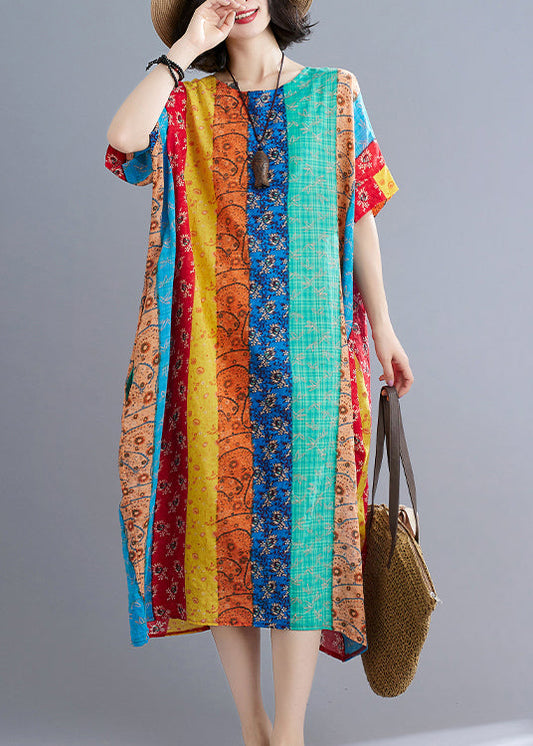 Blue Green Striped Patchwork Long Dress Short Sleeve