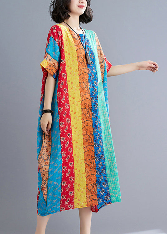 Blue Green Striped Patchwork Long Dress Short Sleeve